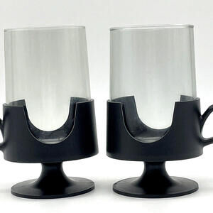 Retro Black Handle Pedestal 8oz Glass Mugs Corning Hot Cold GLAS SNAP